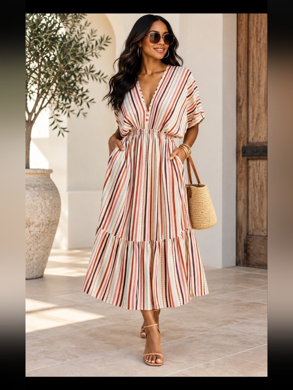 Lemlem Striped V-Neck Maxi Dress in Cream, Pink, Rust, Blue
